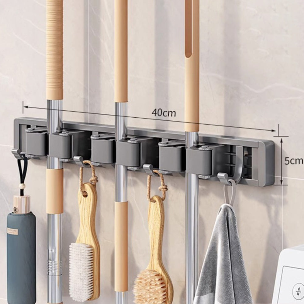 Wall Mounted Strong Broom Mop Holder Self Hooks Organizers