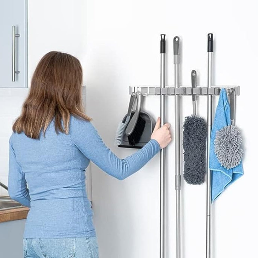 Wall Mounted Strong Broom Mop Holder Self Hooks Organizers