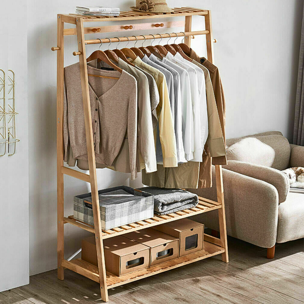 Bamboo Garment Coat Clothes Rack with top shelf and 2-tier Shoe Organizer Shelves