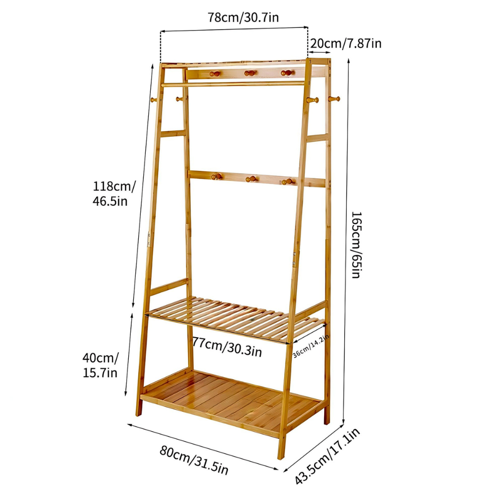 Bamboo Garment Coat Clothes Rack with top shelf and 2-tier Shoe Organizer Shelves
