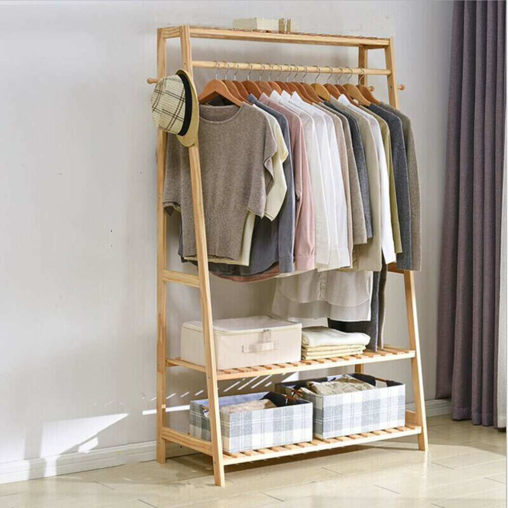 Bamboo Garment Coat Clothes Rack with top shelf and 2-tier Shoe Organizer Shelves