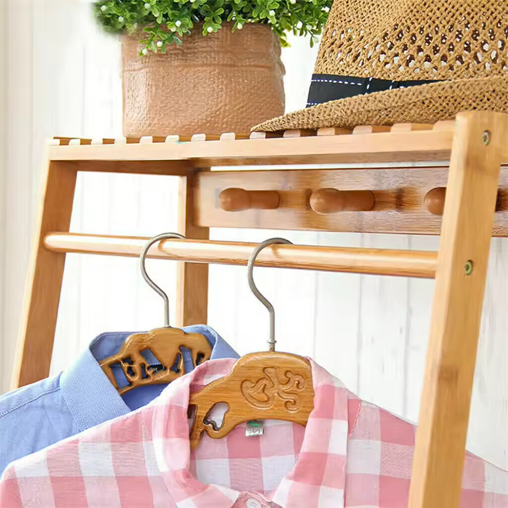 Bamboo Garment Coat Clothes Rack with top shelf and 2-tier Shoe Organizer Shelves