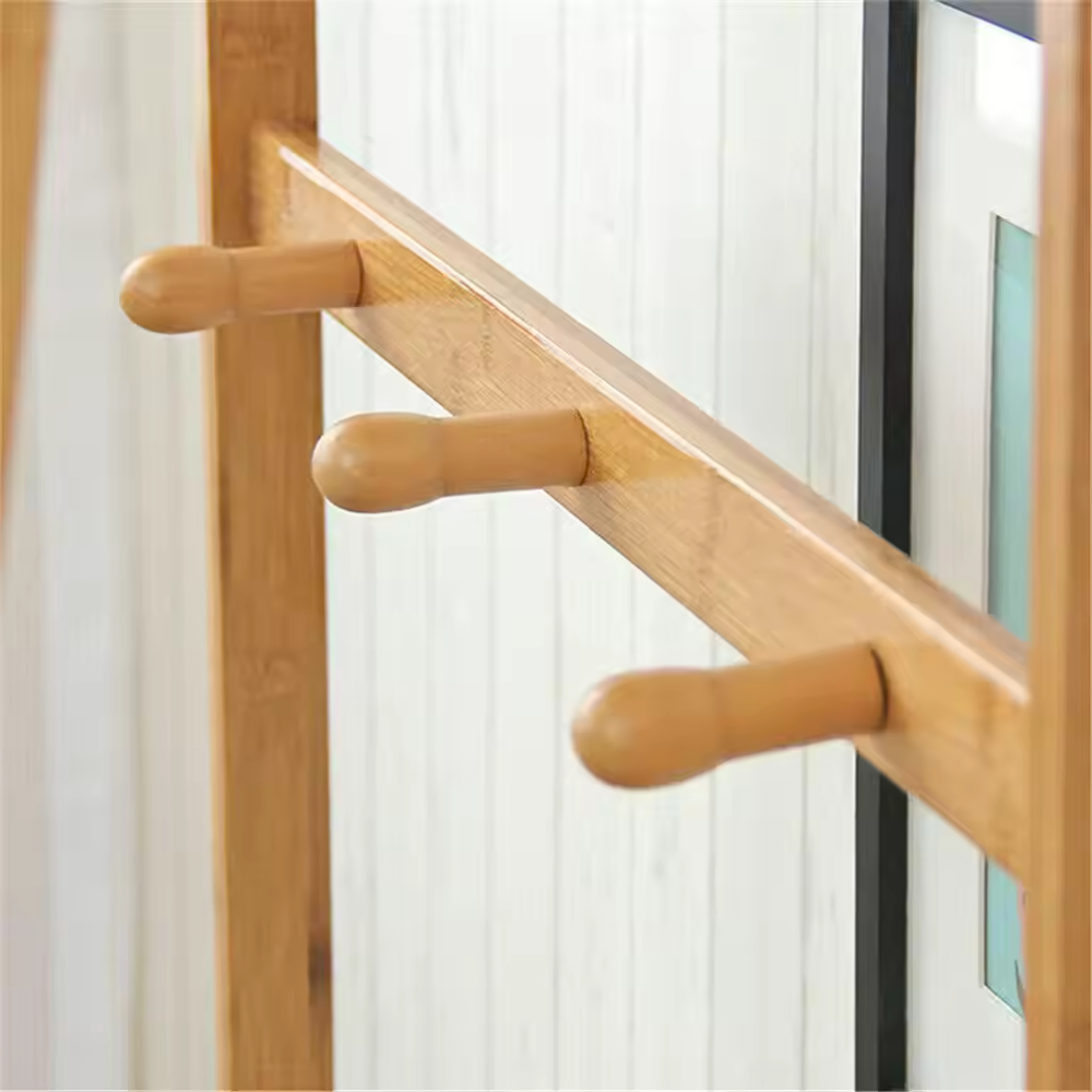 Bamboo Garment Coat Clothes Rack with top shelf and 2-tier Shoe Organizer Shelves
