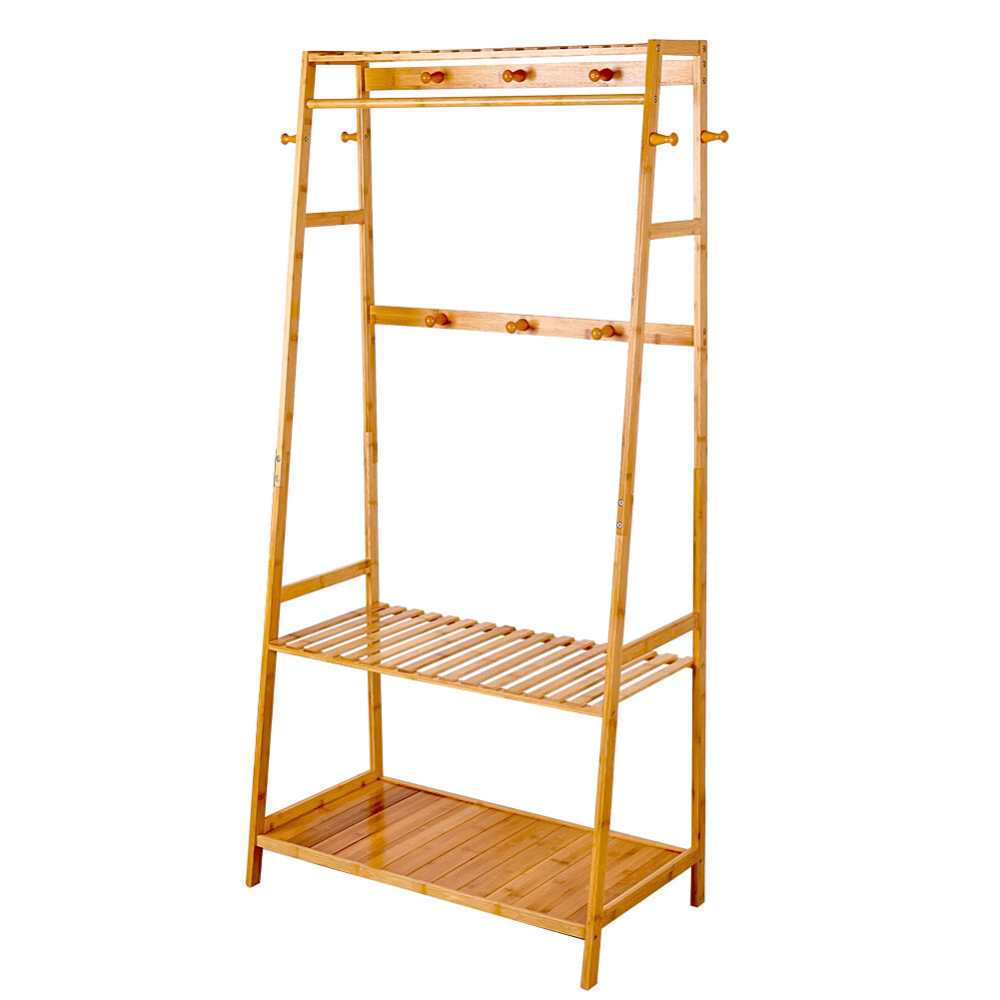 Bamboo Garment Coat Clothes Rack with top shelf and 2-tier Shoe Organizer Shelves