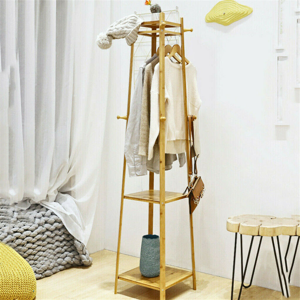 Bamboo Coat Rack Free Standing 2-Shelves Clothing Storage Garment Organizer