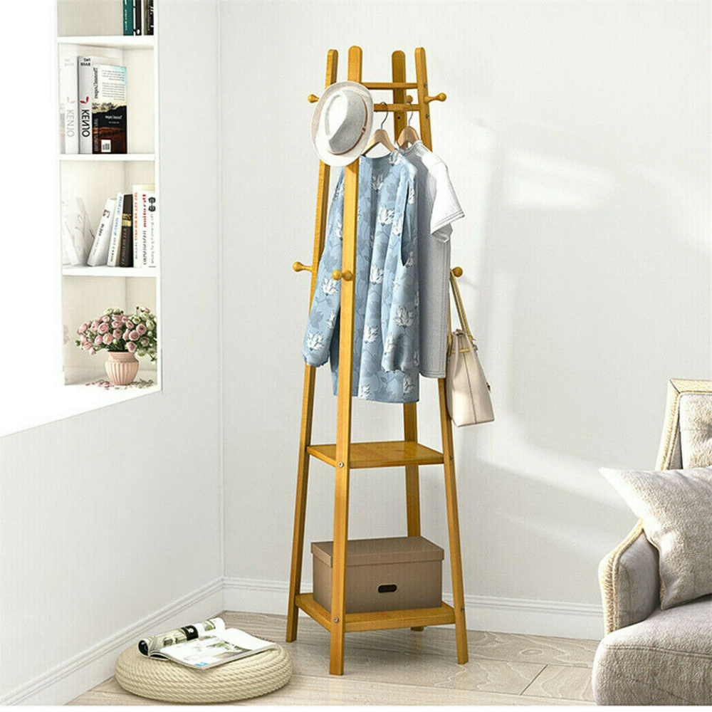Bamboo Coat Rack Free Standing 2-Shelves Clothing Storage Garment Organizer