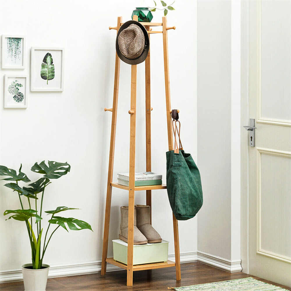 Bamboo Coat Rack Free Standing 2-Shelves Clothing Storage Garment Organizer