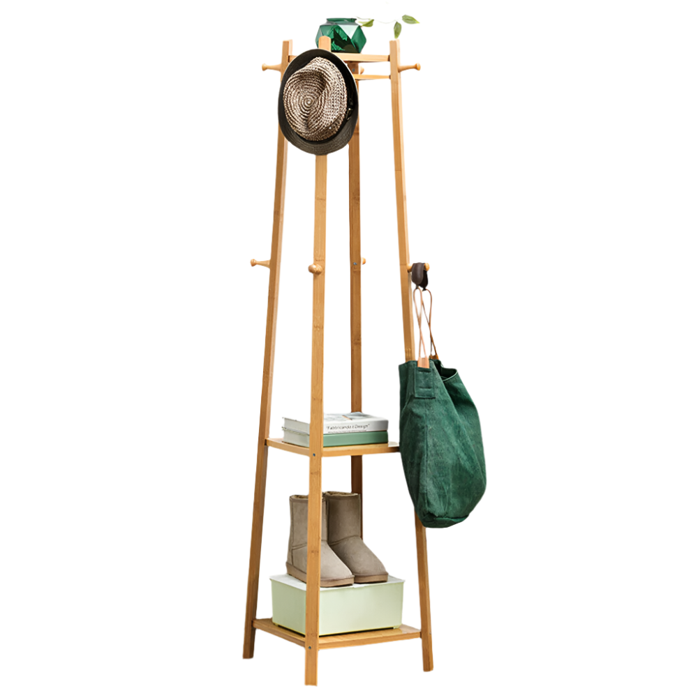 Bamboo Coat Rack Free Standing with 2 Shelves for Clothing and Garment Storage