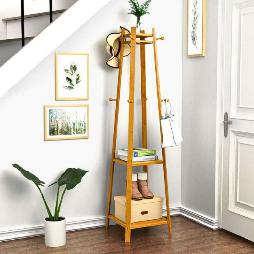 Bamboo Coat Rack Free Standing 2-Shelves Clothing Storage Garment Organizer