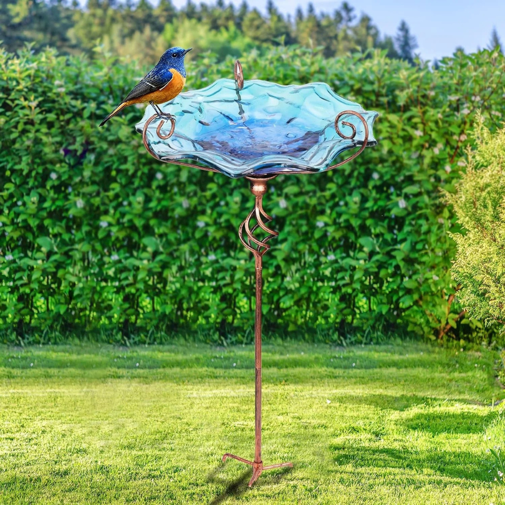 30'' Height Flower Glass Bird Bath Garden Outdoor Bird Feeder with Metal Stake