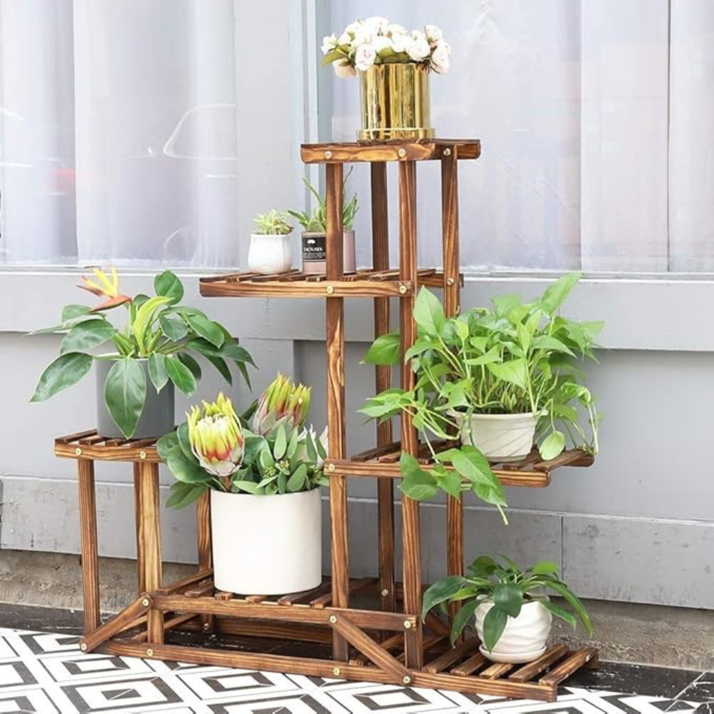 6 Tiered Wood Plant Flower Stand Shelf Planter Pots