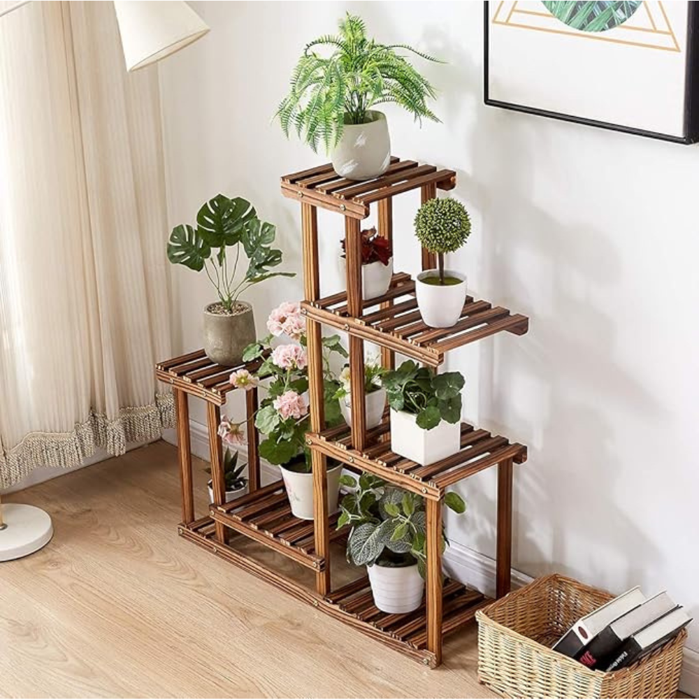 6 Tiered Wood Plant Flower Stand Shelf Planter Pots