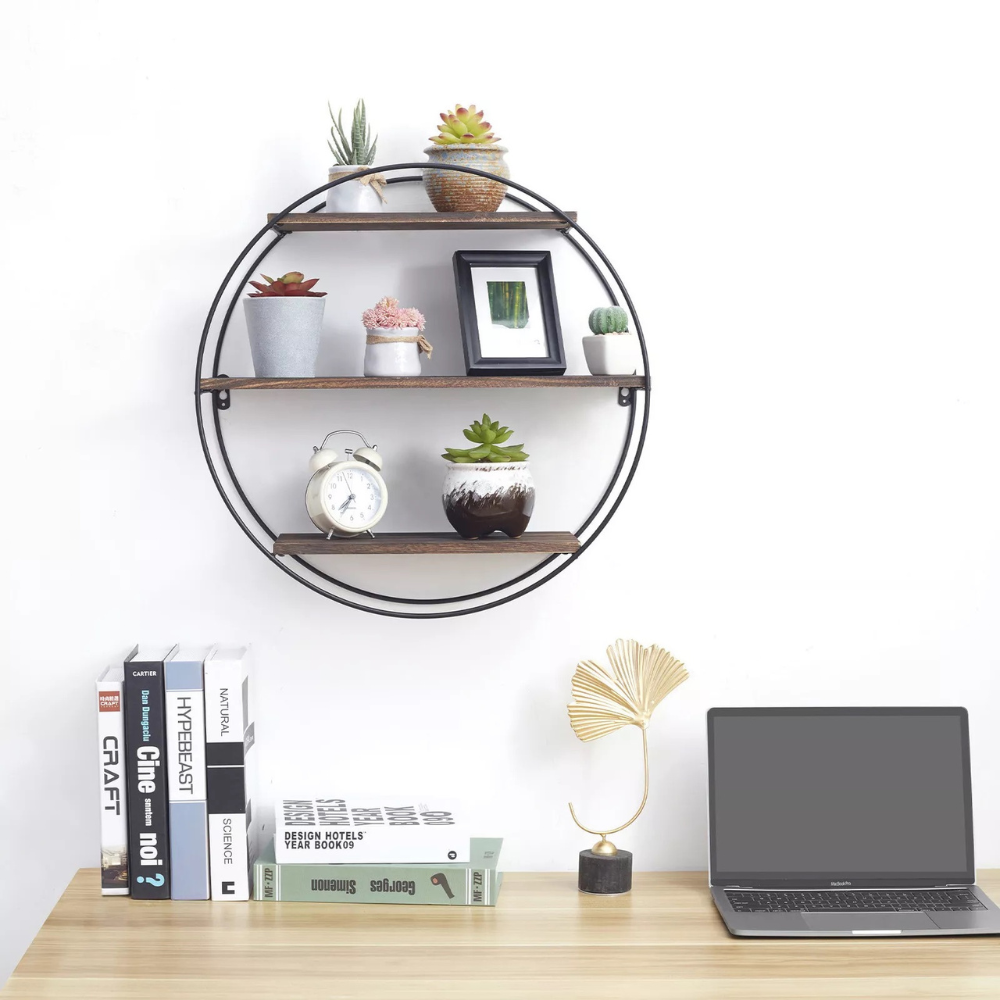 3 Tier Floating Wall Mounted Rustic Industrial Wood Metal Shelves