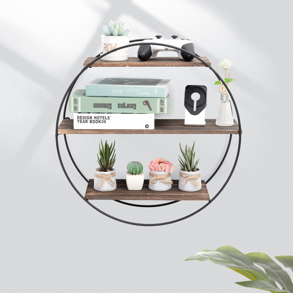 3 Tier Floating Wall Mounted Rustic Industrial Wood Metal Shelves