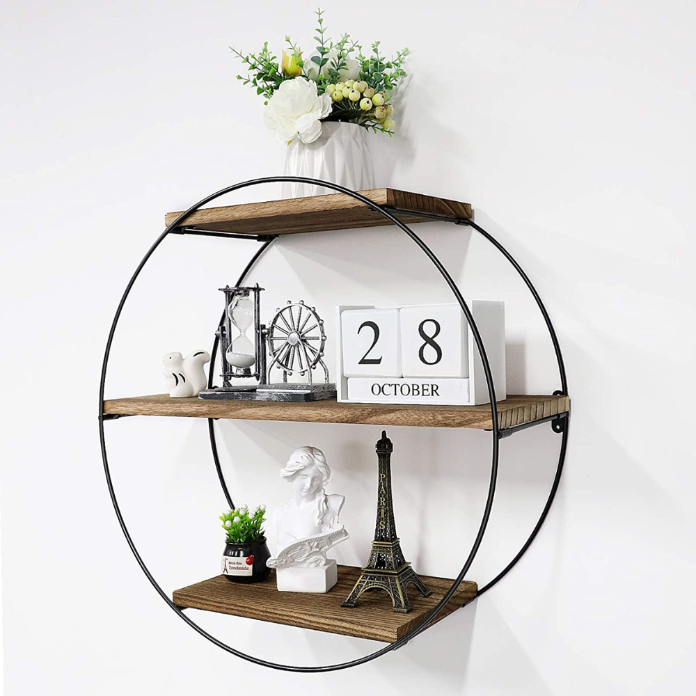 3 Tier Floating Wall Mounted Rustic Industrial Wood Metal Shelves