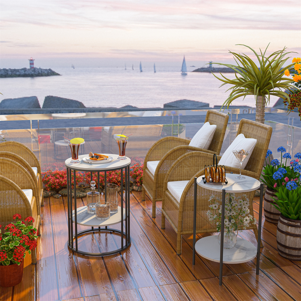 Round Marble Accent Table End 2 Tiers Storage Table - Black