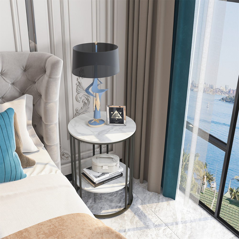 Round Marble Accent Table End 2 Tiers Storage Table - Black