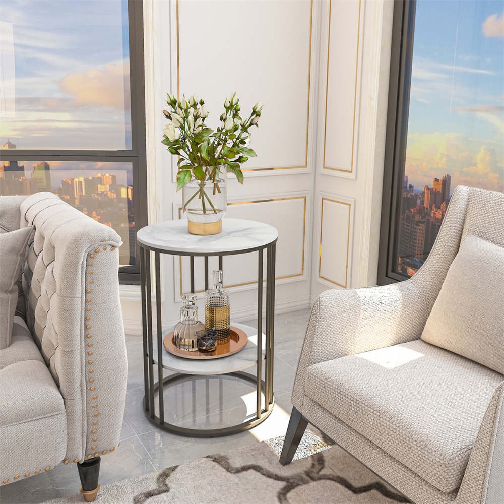 Round Marble Accent Table End 2 Tiers Storage Table - Black