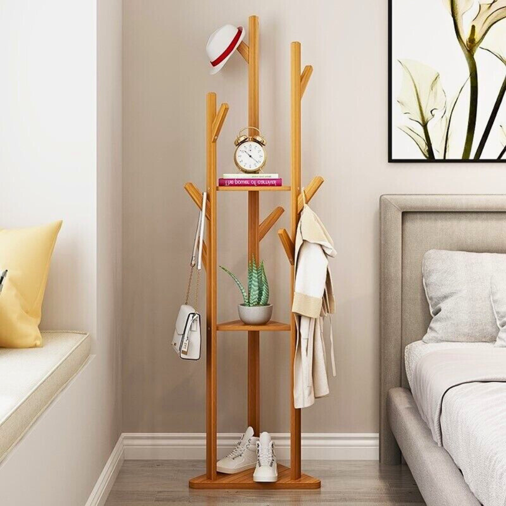 3-Layer Bamboo Coat Rack Tree Cloth Hanger with 9 Hooks