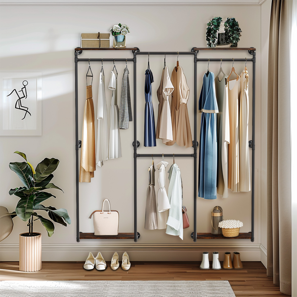 Wall-Mounted Industrial Pipe Clothes Rack with Shelves