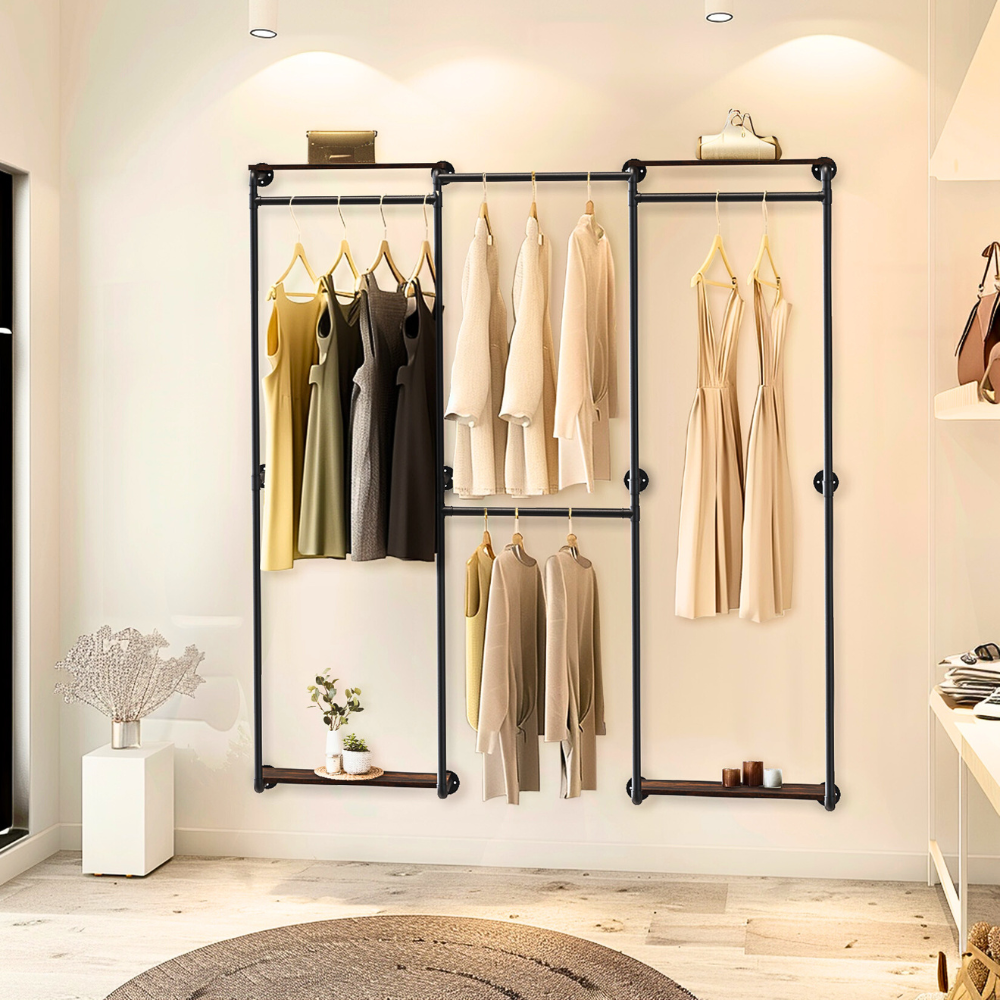 Wall-Mounted Industrial Pipe Clothes Rack with Shelves