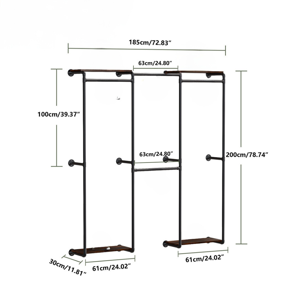 Wall-Mounted Industrial Pipe Clothes Rack with Shelves
