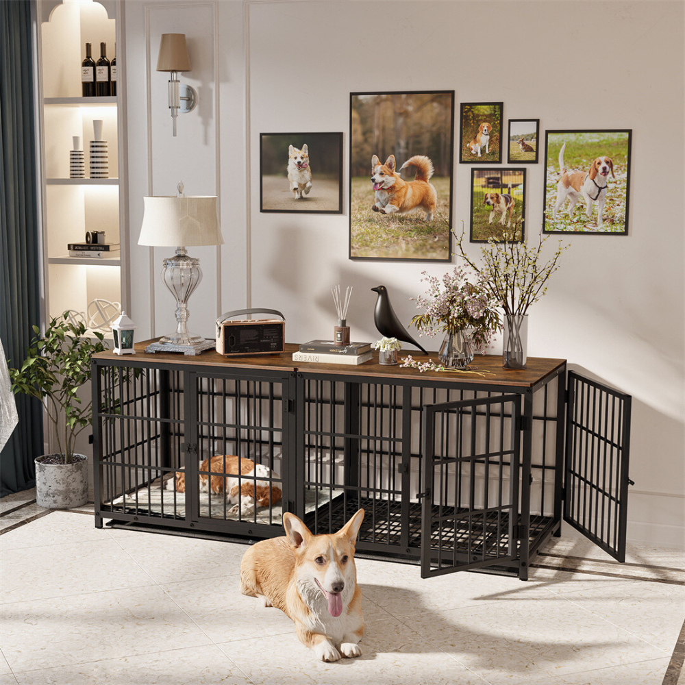 3-Door Dog Furniture Style Dog Crate End Table Pet Kennel with Removable Tray
