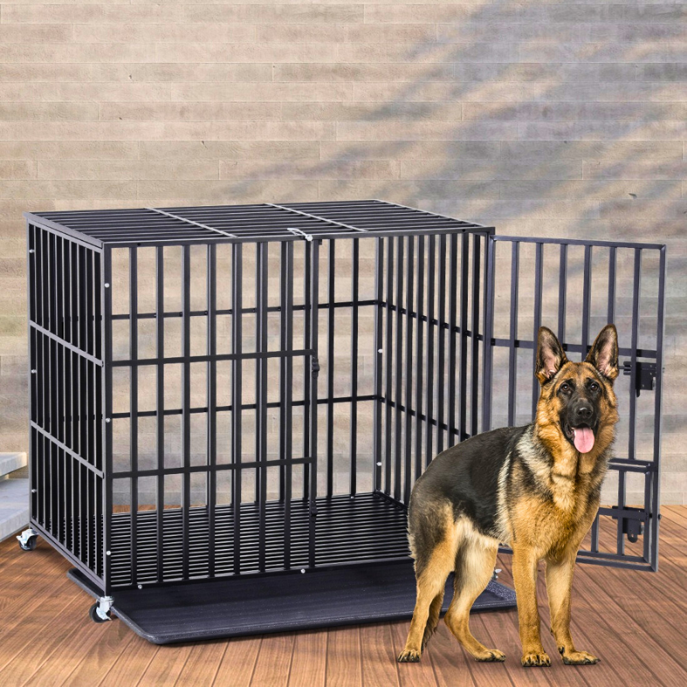 Mobile Heavy Duty Dog Crate with 3 Doors and Bottom Tray