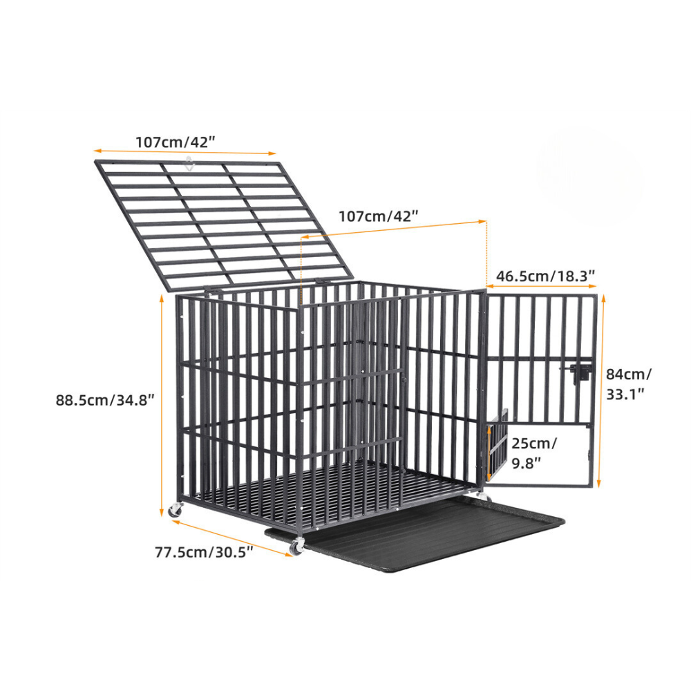 Mobile Heavy Duty Dog Crate with 3 Doors and Bottom Tray