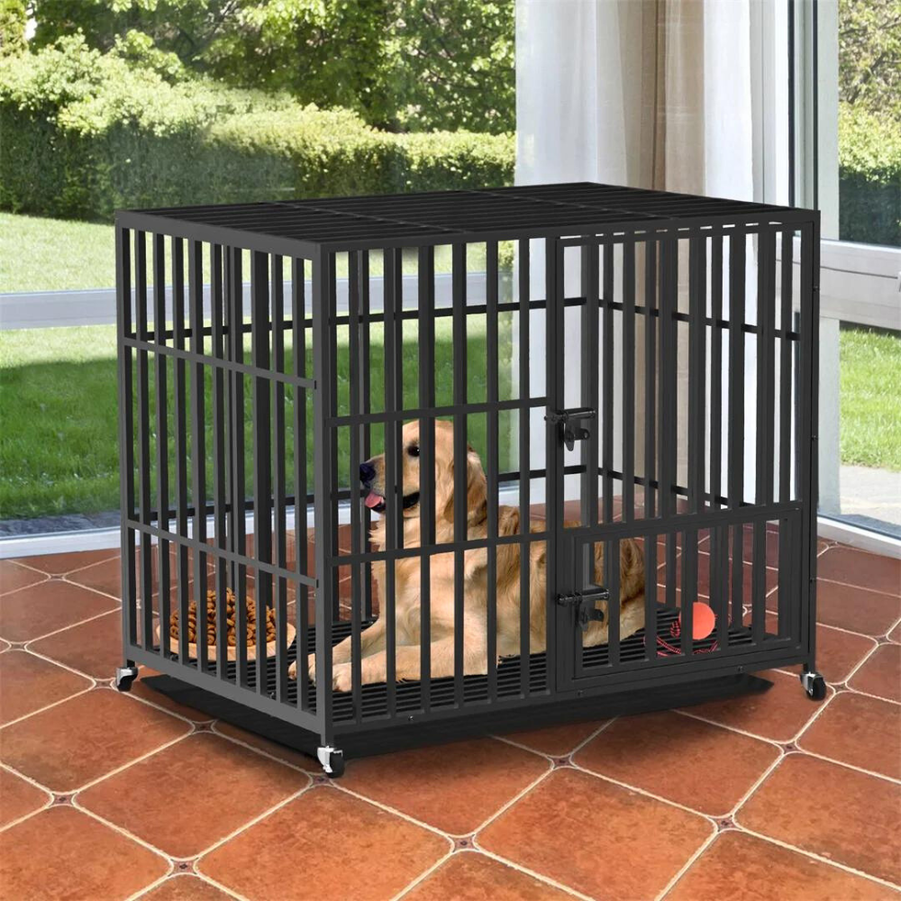 Mobile Heavy Duty Dog Crate with 3 Doors and Bottom Tray