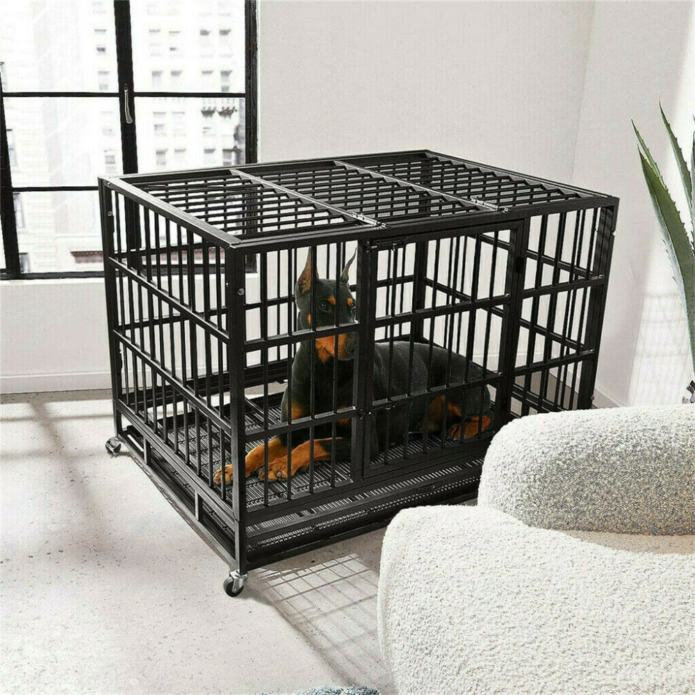 Mobile Heavy Duty Dog Crate with 3 Doors and Bottom Tray
