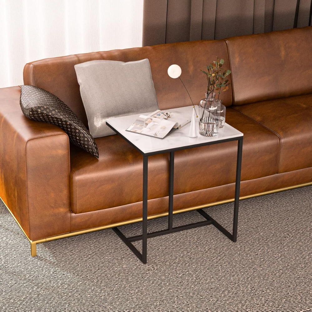 Modern C-Shaped Sofa Side Table with White Sintered Stone Table-top and Metal Iron Legs