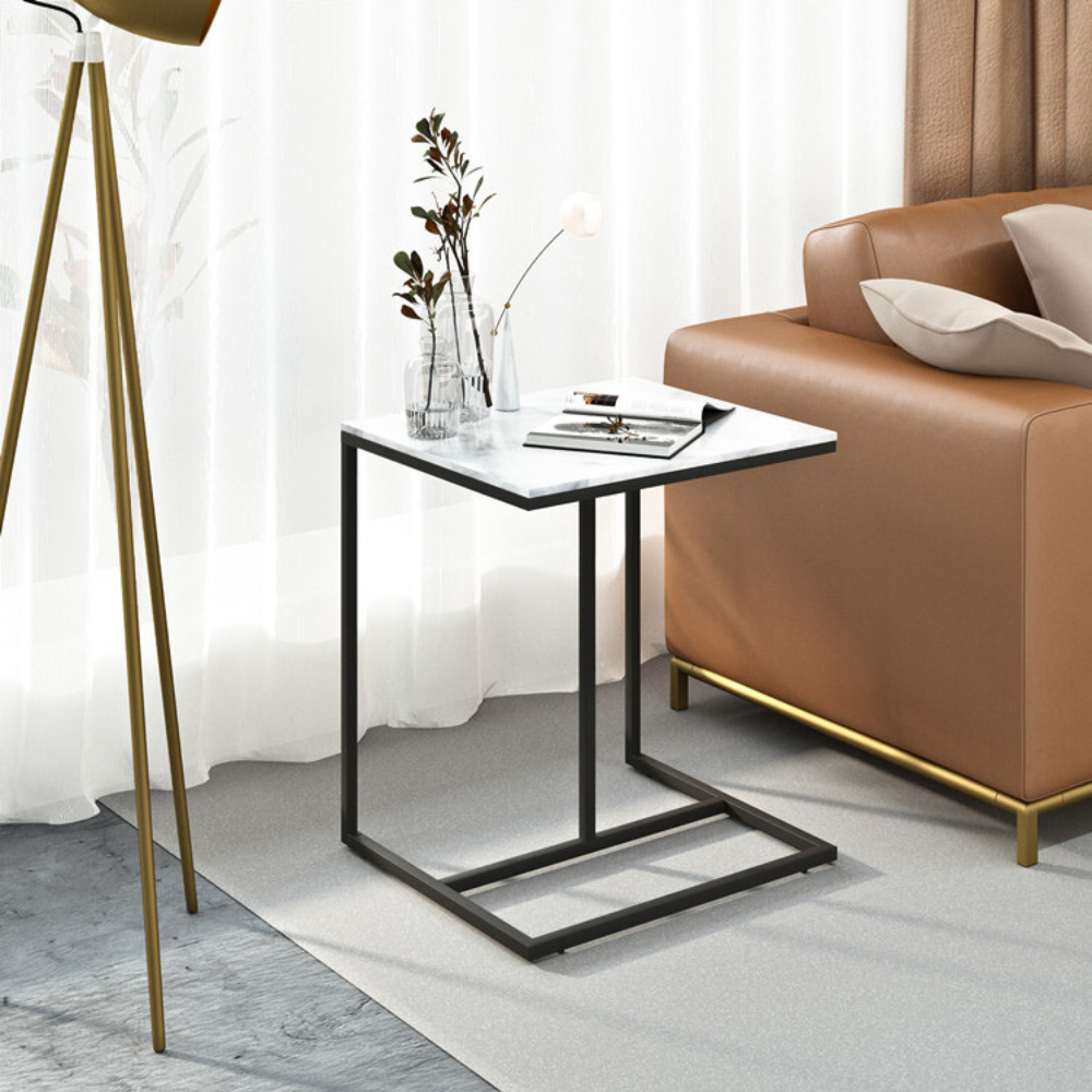 Modern C-Shaped Sofa Side Table with White Sintered Stone Table-top and Metal Iron Legs
