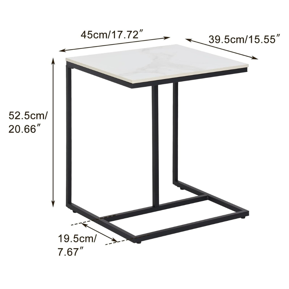 Modern C-Shaped Sofa Side Table with White Sintered Stone Table-top and Metal Iron Legs