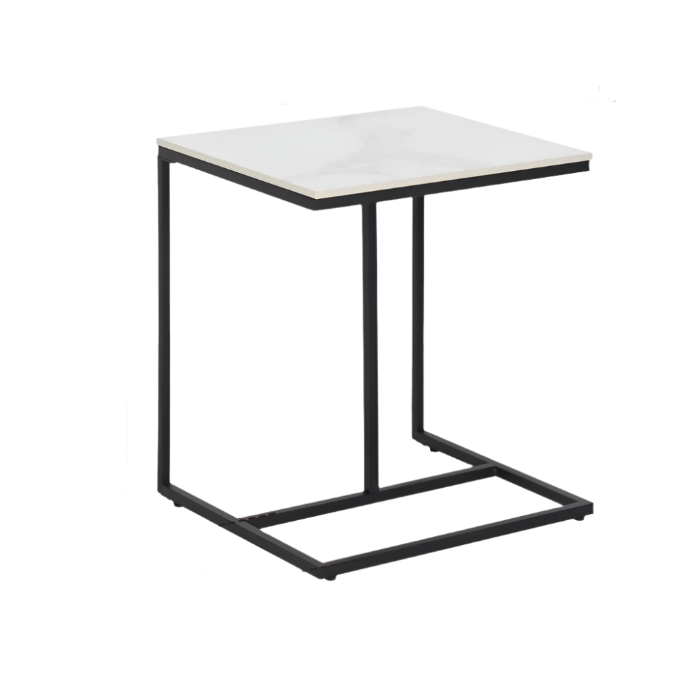Modern C-Shaped Sofa Side Table with White Sintered Stone Table-top and Metal Iron Legs