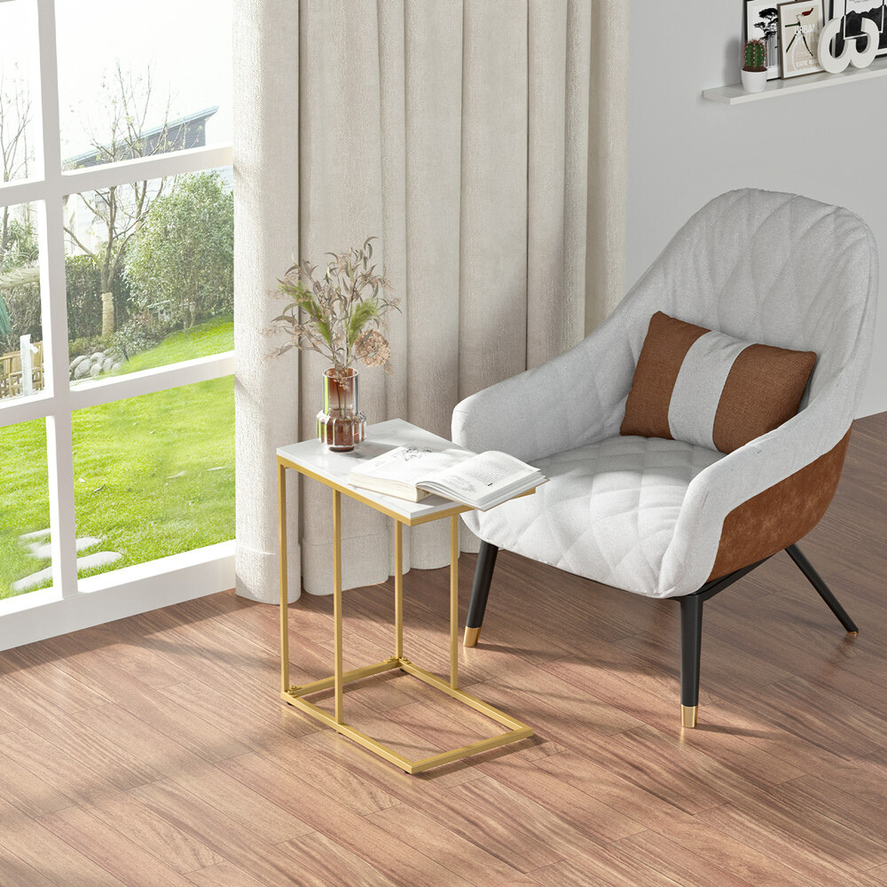 Modern C-Shaped Sofa Side Table with White Sintered Stone Table-top and Metal Iron Legs