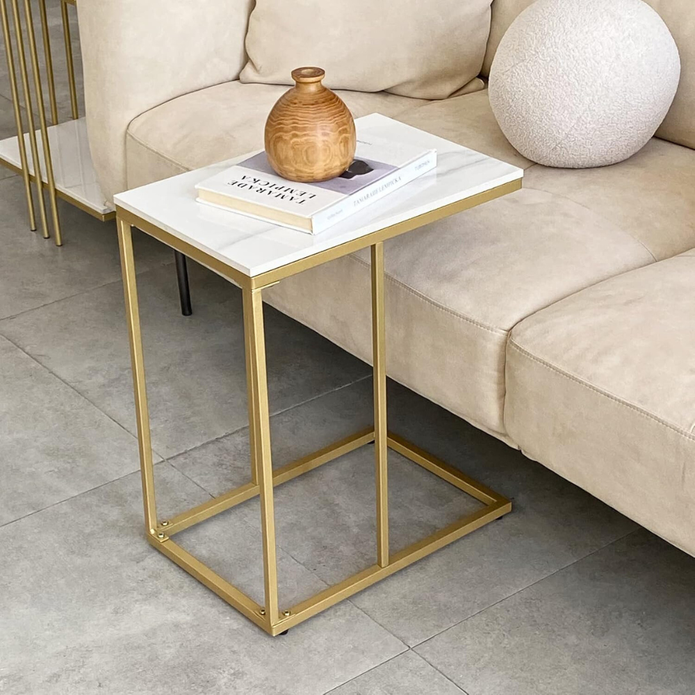 Modern C-Shaped Sofa Side Table with White Sintered Stone Table-top and Metal Iron Legs