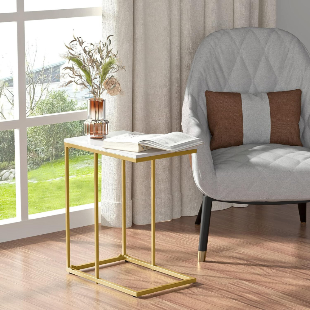 Modern C-Shaped Sofa Side Table with White Sintered Stone Table-top and Metal Iron Legs