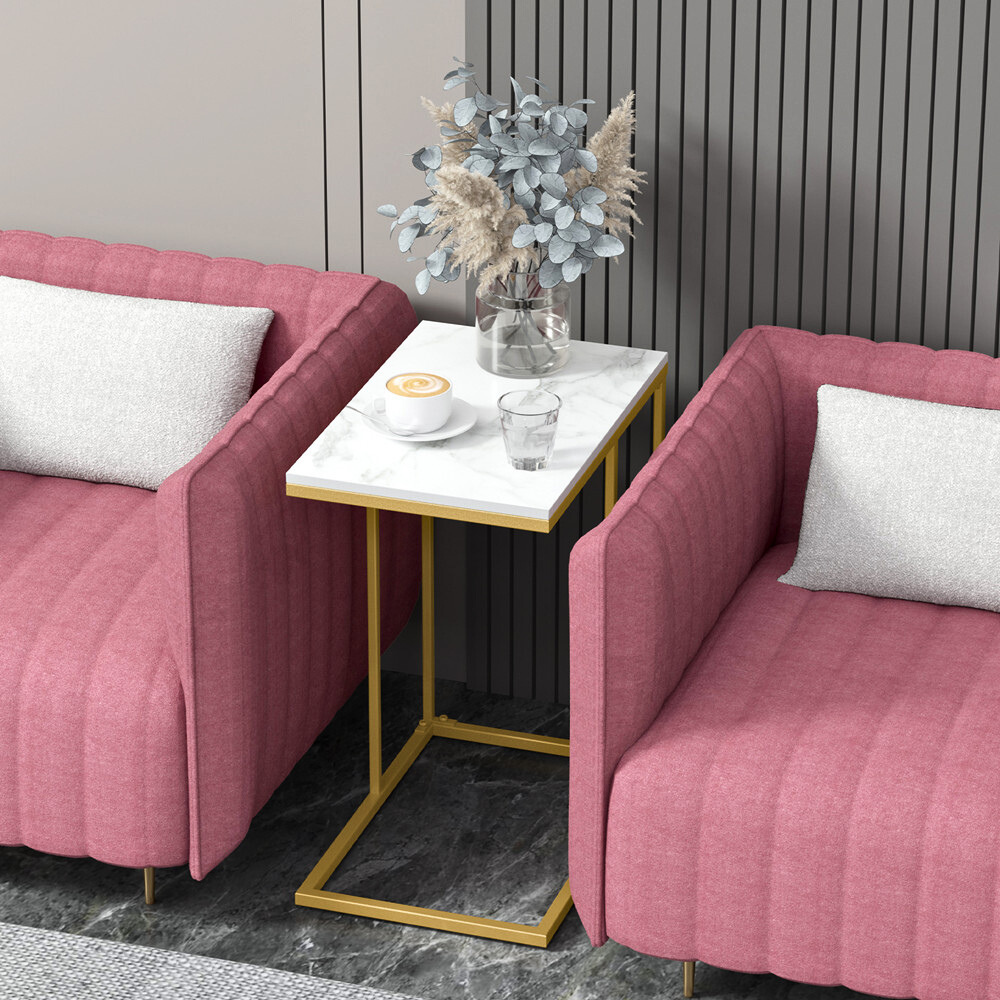 Modern C-Shaped Sofa Side Table with White Sintered Stone Table-top and Metal Iron Legs