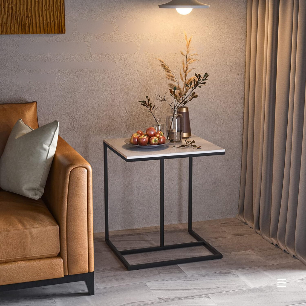 Modern C-Shaped Sofa Side Table with White Sintered Stone Table-top and Metal Iron Legs
