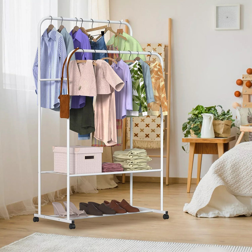 1.5m Clothes Rack Double Rail Rolling Stand Shoes Rack Storage Shelf