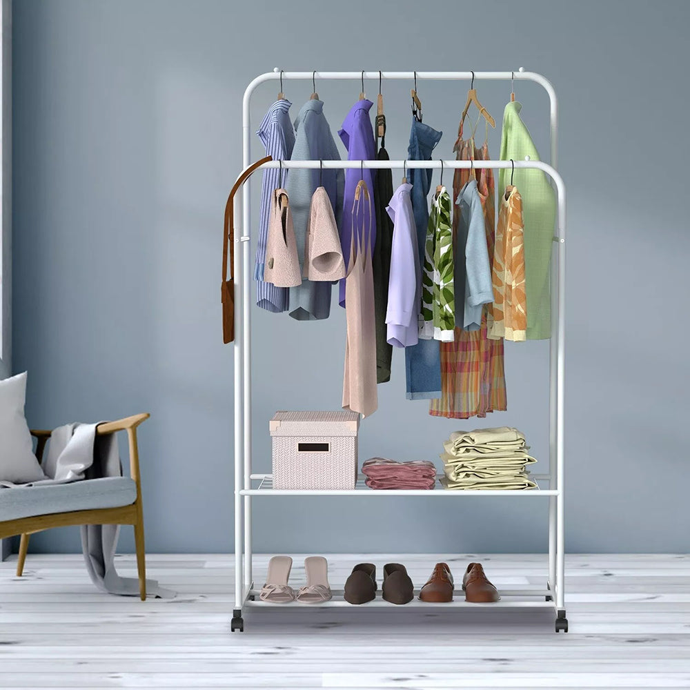 1.5m Clothes Rack Double Rail Rolling Stand Shoes Rack Storage Shelf