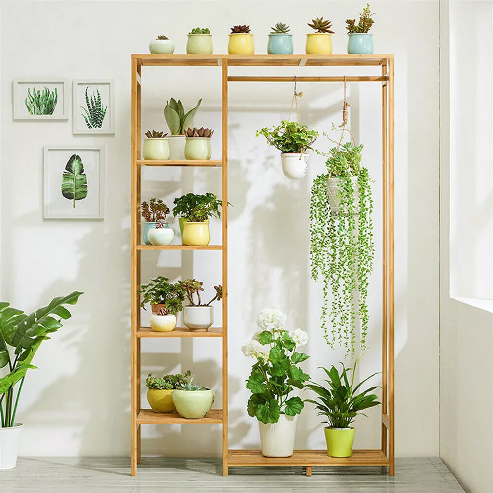 Bamboo Wood Clothing Garment Rack with Shelves
