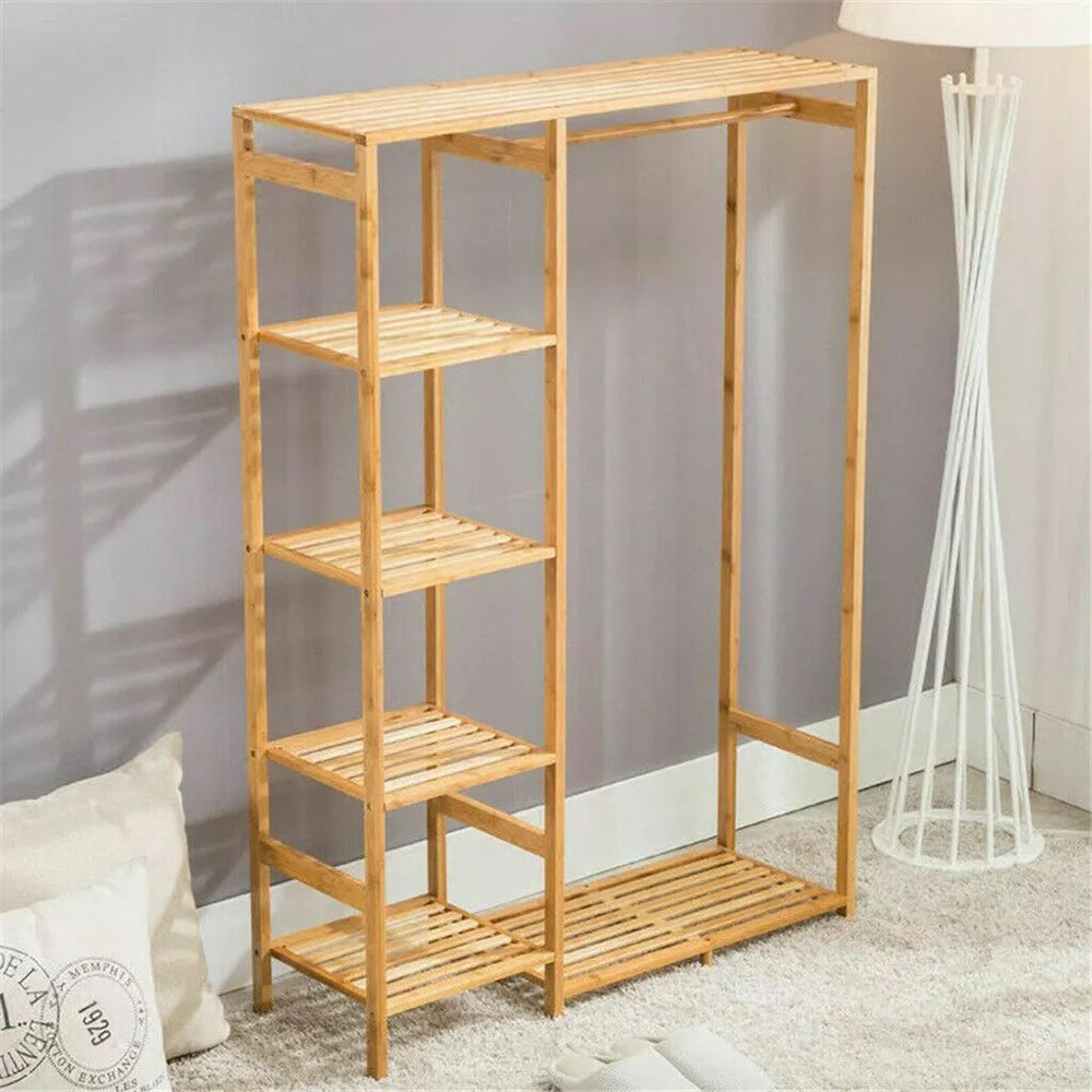 Bamboo Wood Clothing Garment Rack with Shelves