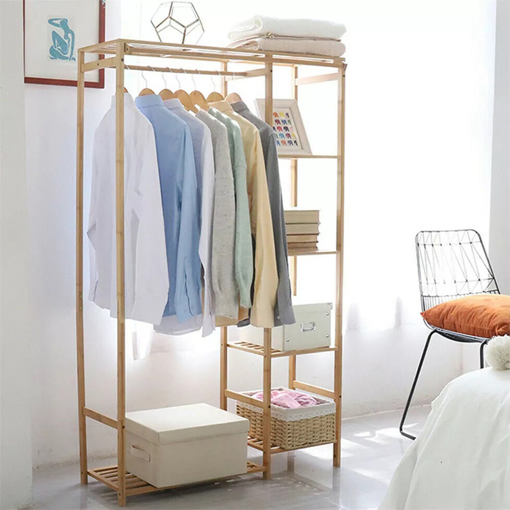 Bamboo Wood Clothing Garment Rack with Shelves