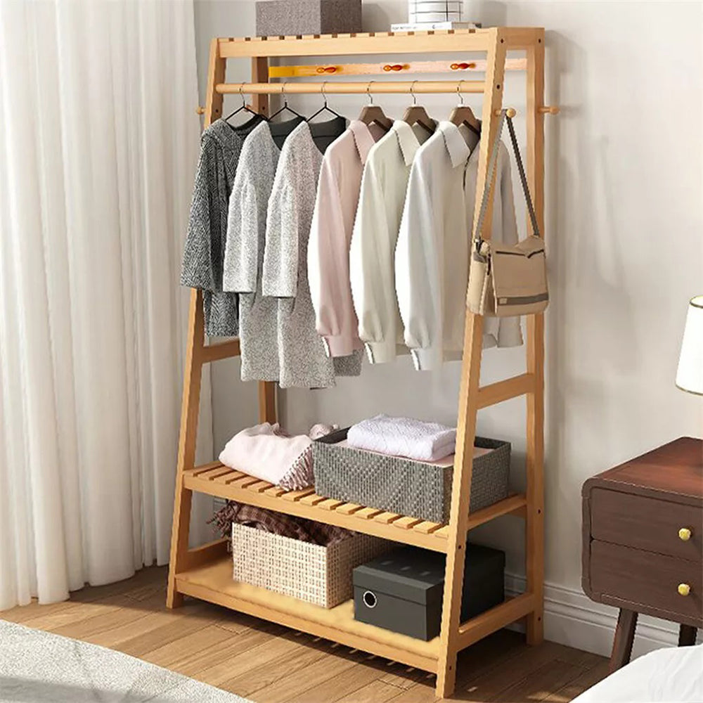 Bamboo Garment Coat Clothes Rack with top shelf and 2-tier Shoe Organizer Shelves
