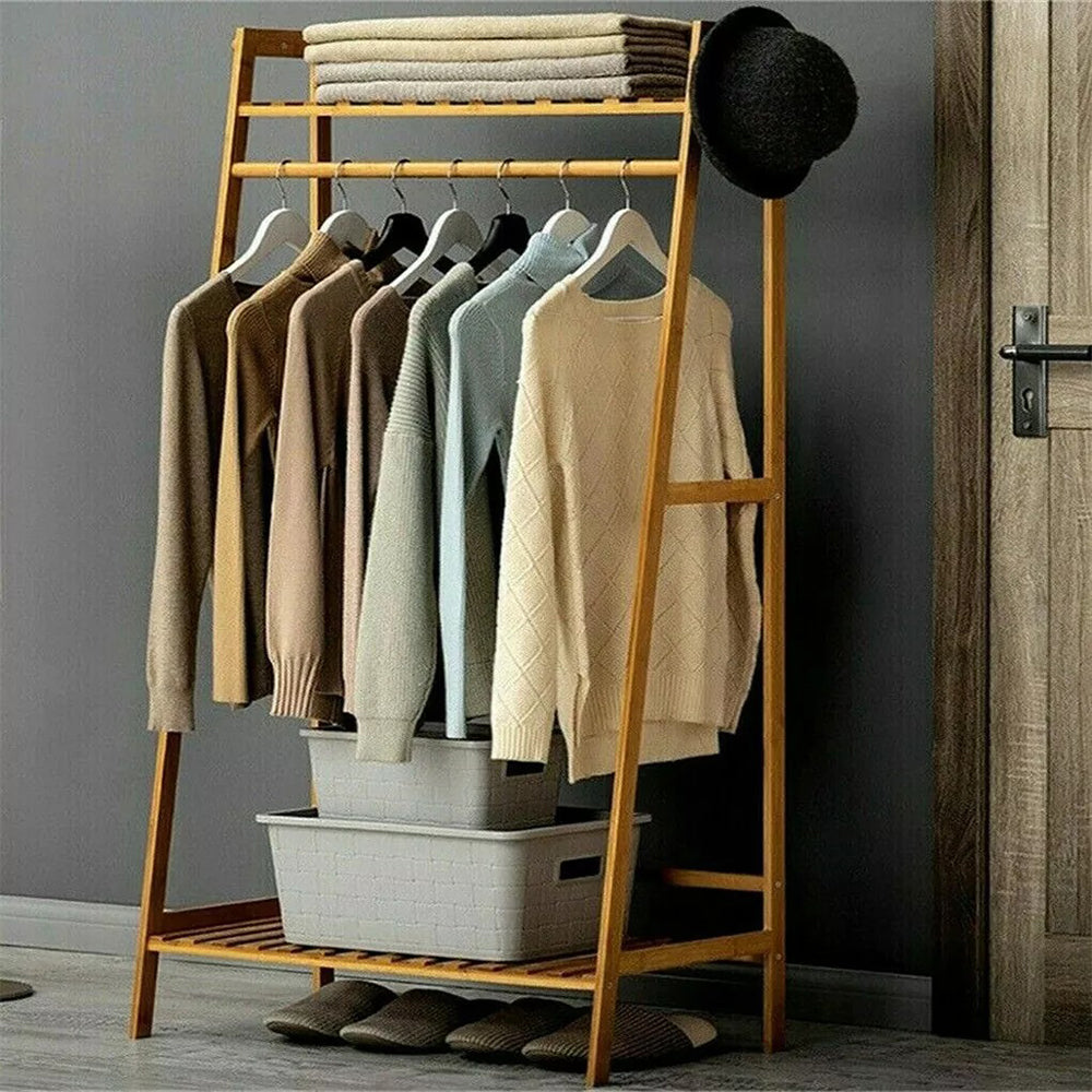 Bamboo Garment Coat Clothes Rack with top shelf and 2-tier Shoe Organizer Shelves