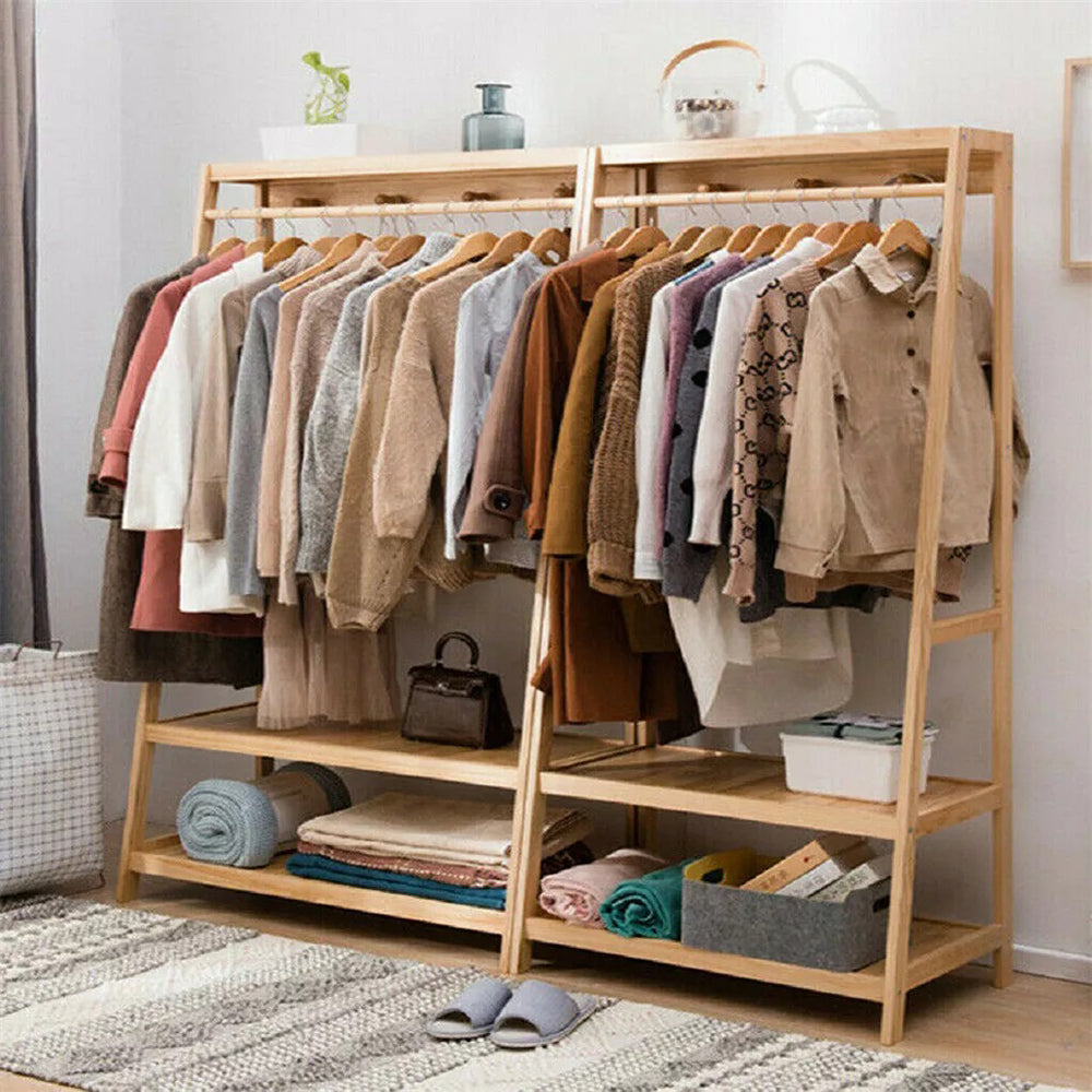 Bamboo Garment Coat Clothes Rack with top shelf and 2-tier Shoe Organizer Shelves
