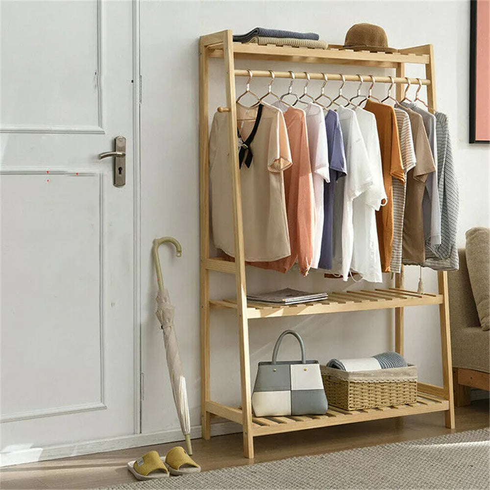 Bamboo Garment Coat Clothes Rack with top shelf and 2-tier Shoe Organizer Shelves
