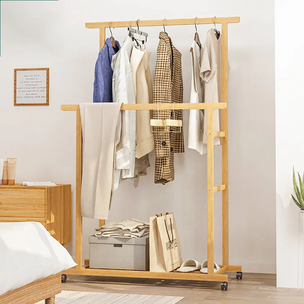 Double-Rail Bamboo Clothes Rack High Low Hanging Rod Organizer